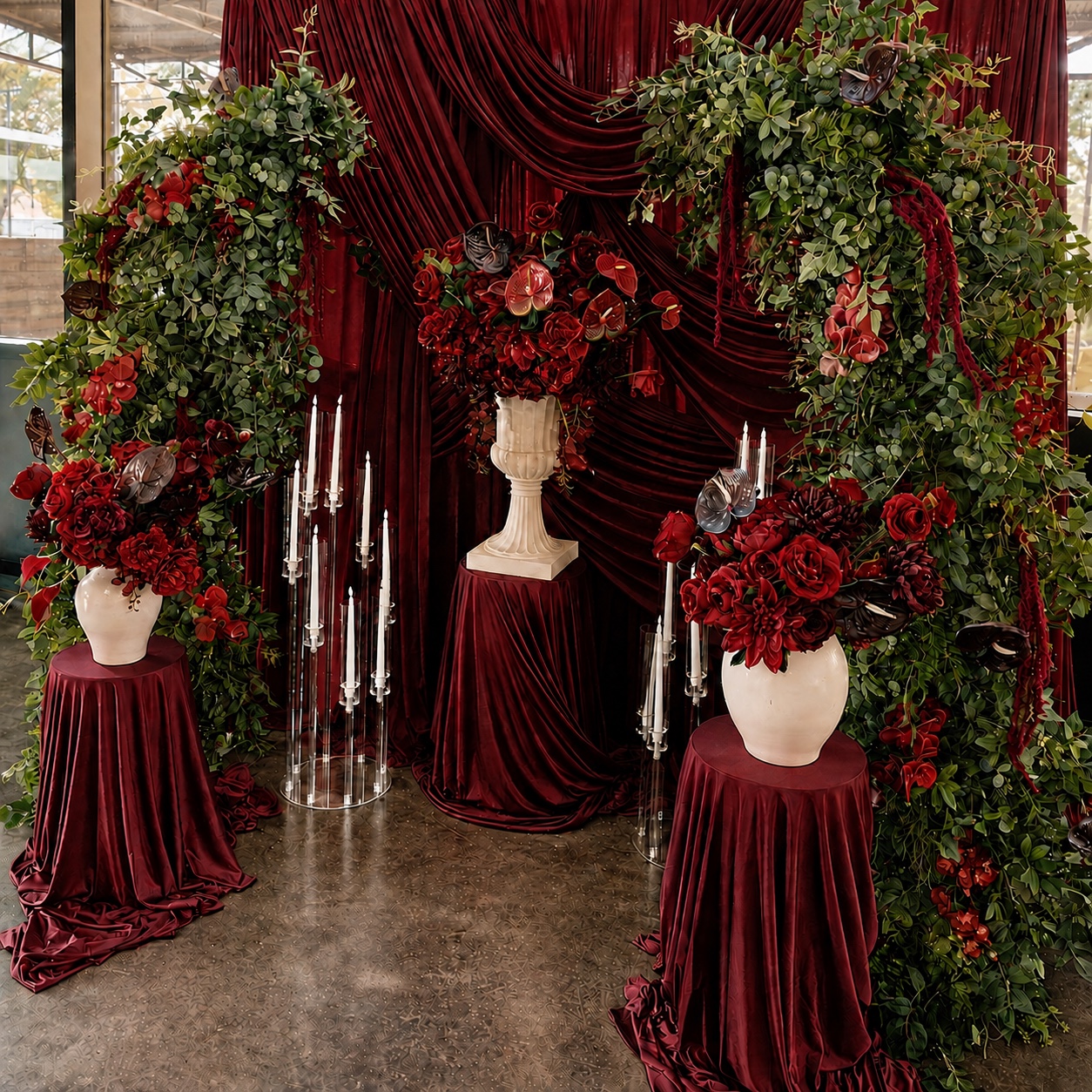 Detailed view of deep red florals, greenery, candle stands, and burgundy drapery