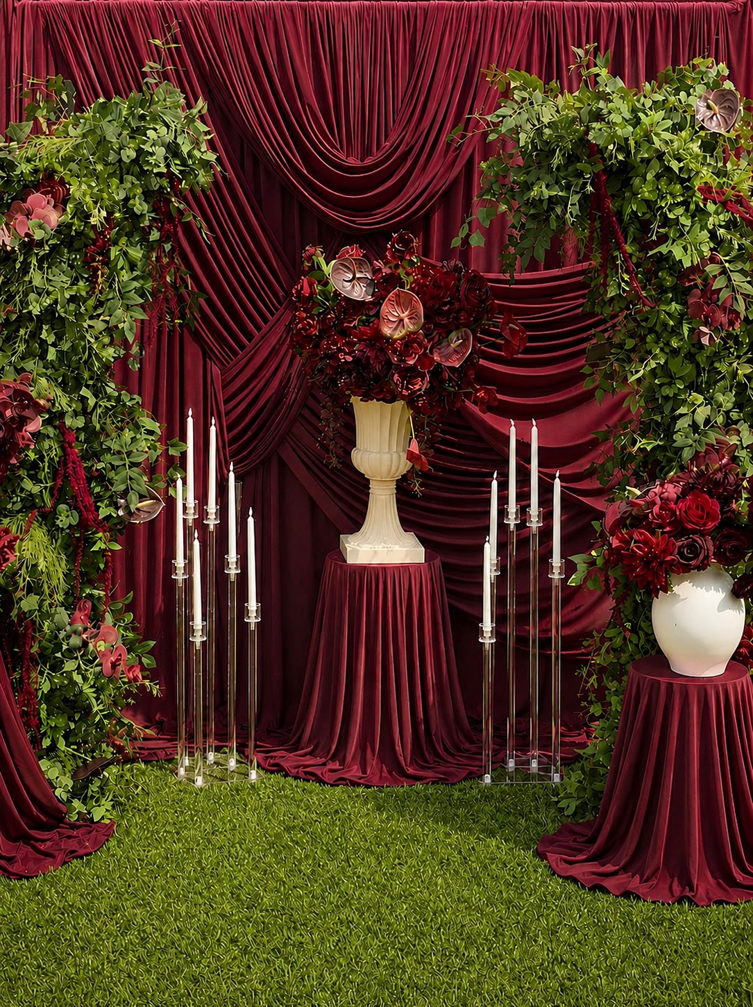 Portrait view of layered burgundy drapery, floral arches, and candle stands