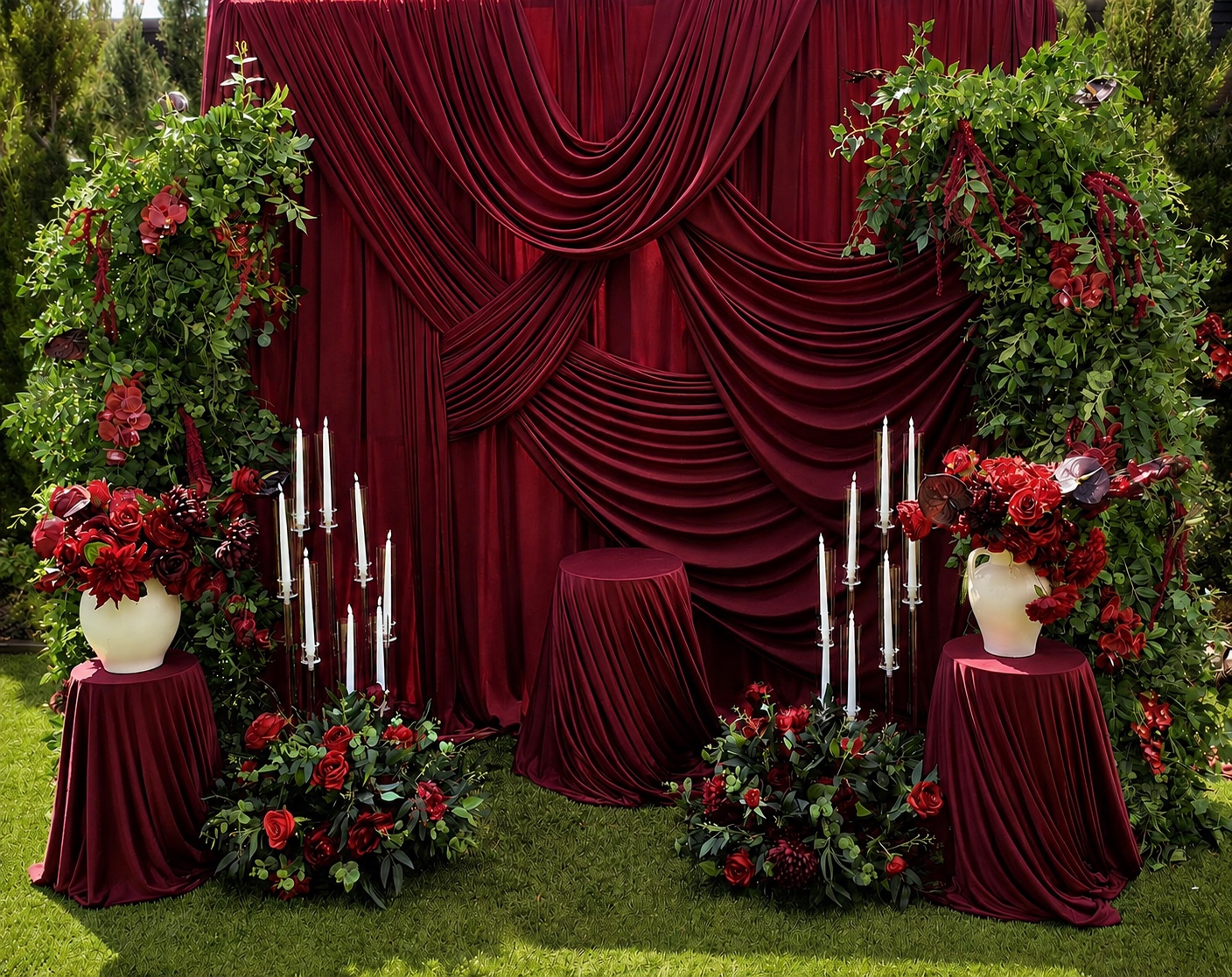 Wide view of a burgundy velvet drapery and floral installation
